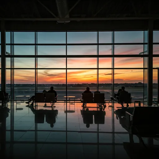 Sala de espera de aeropuerto con viajeros y una pista al atardecer