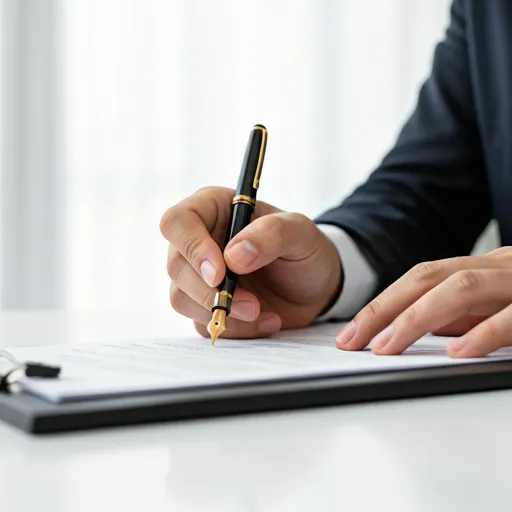 Persona firmando un documento legal con una pluma sobre un escritorio