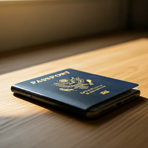 Pasaporte y teléfono con un itinerario de vuelo sobre un escritorio
