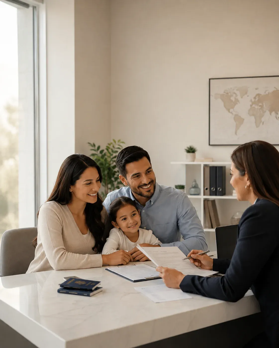 Familia con su hija recibiendo asesoría de visa junto a una consultora, con los pasaportes sobre la mesa