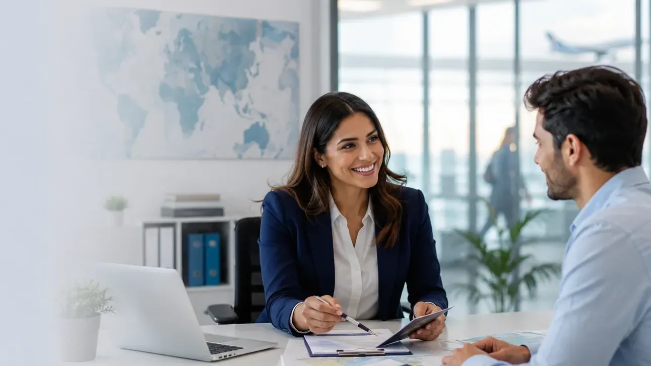 Consultora de visas atendiendo a un cliente en una oficina corporativa