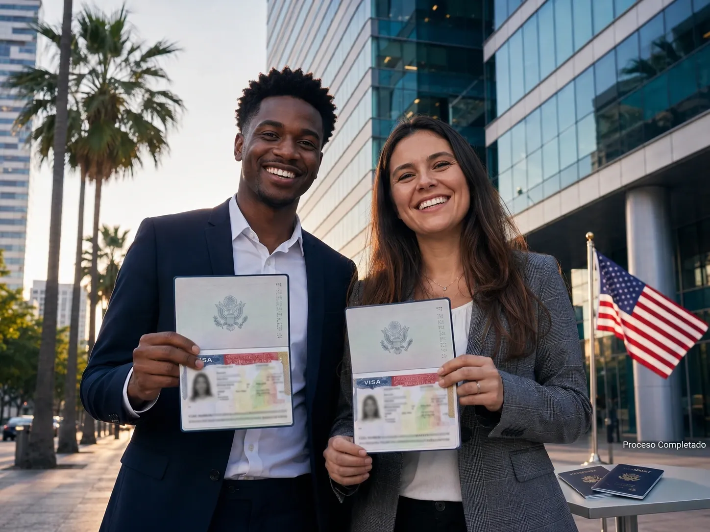 Pareja mostrando sus visas americanas aprobadas frente a un edificio corporativo